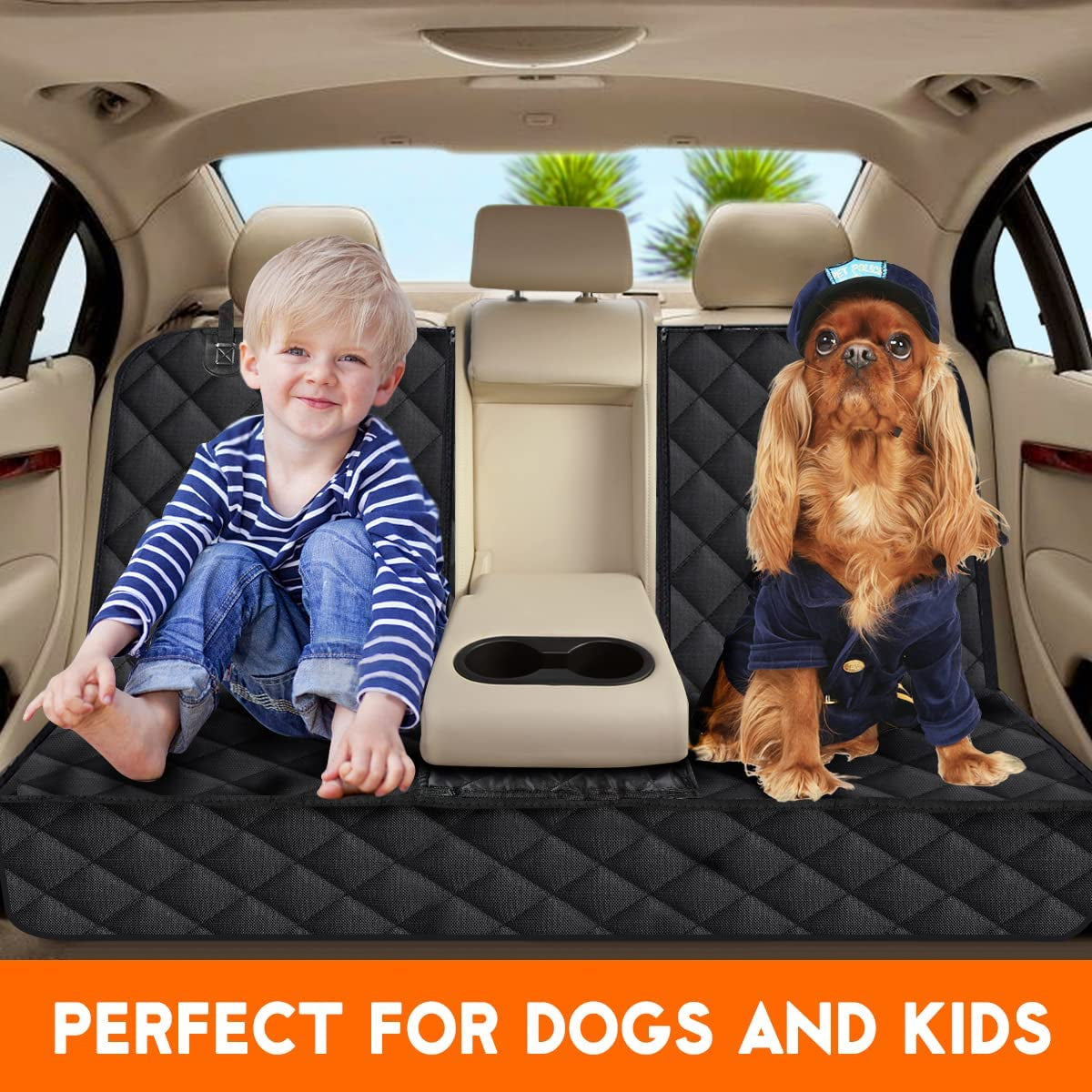 Dog Car Seat Cover, Back Seat Cover for Dogs Pet Car Seat Protector Waterproof Rear Seat Cover Durable Car Seat Cover, Fits Middle Armrest for Most Cars Suvs Trucks (53” Width)- Black